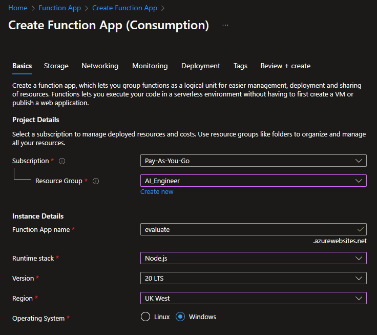 Screenshot of Create Function App