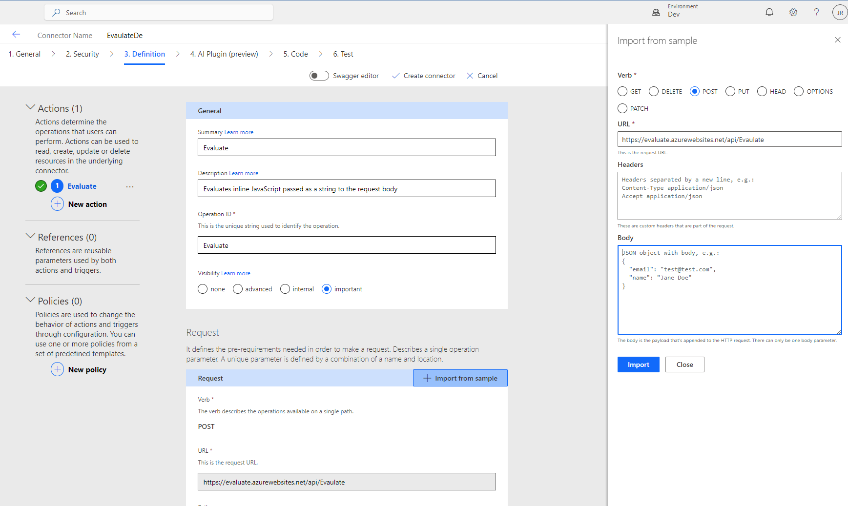 Screenshot of Define Action