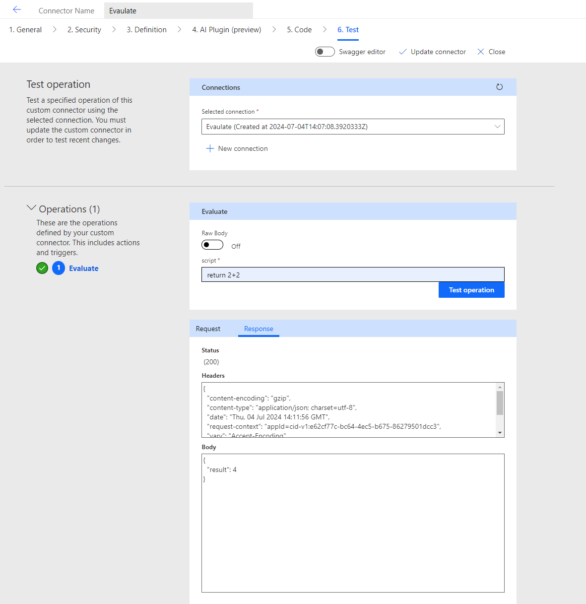 Screenshot of Test Connector